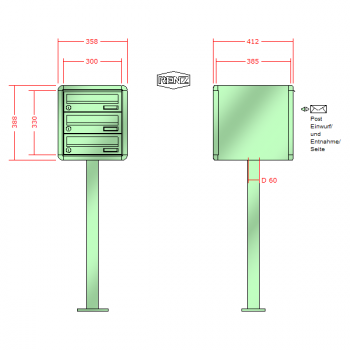 RENZ RS 4000 mit Rundrohrfuß, Anlage ohne Installationskasten, Kasten 300x110x385, 3-teilig, mit Fußplatte, 13-0-25709