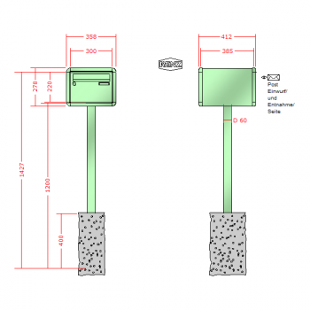 RENZ RS 4000 mit Rundrohrfuß, Anlage ohne Installationskasten, Kasten 300x220x385, 1-teilig, zum Einbetonieren,13-0-25721