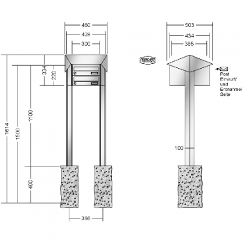 RENZ PRISMA Edelstahl V4A-Ausführung, Anlage ohne Installationskasten, Kasten 300x110x385, 2-teilig, zum Einbetonieren, 13-0-25737