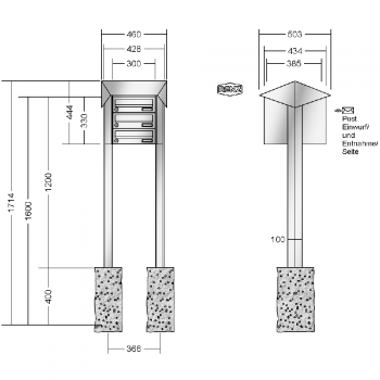 RENZ PRISMA-Edelstahl V4A-Ausführung, Anlage ohne Installationskasten, Kasten 300x110x385, 3-teilig, zum Einbetonieren,13-0-25738