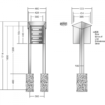 RENZ PRISMA Edelstahl V4A-Ausführung, Anlage ohne Installationskasten, Kasten 300x110x385, 4-teilig, zum Einbetonieren, 13-0-25739