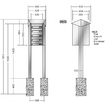 RENZ PRISMA Edelstahl V4A-Ausführung, Anlage ohne Installationskasten, Kasten 300x110x385, 5-teilig, zum Einbetonieren, 13-0-25740