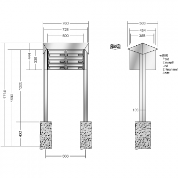 RENZ PRISMA Edelstahl V4A-Ausführung, Anlage ohne Installationskasten, Kasten 300x110x385, 6-teilig, zum Einbetonieren, 13-0-25741