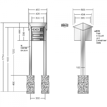 RENZ PRISMA Edelstahl V4A-Ausführung, Anlage mit Installationskasten, Kasten 300x110x385, 2-teilig, zum Einbetonieren, 13-0-25749