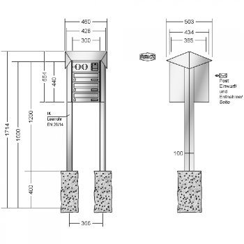 RENZ PRISMA Edelstahl V4A-Ausführung, Anlage mit Installationskasten, Kasten 300x110x385, 3-teilig, zum Einbetonieren, 13-0-25750