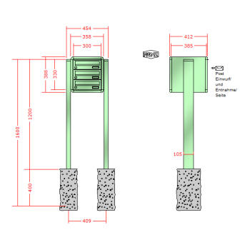 RENZ RS 4000 mit Ständern, Anlage ohne Installationskasten, Kasten 300x110x385, 3-teilig, zum Einbetonieren,13-0-25753