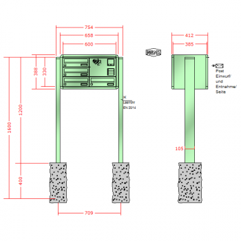 RENZ RS 4000, Anlage mit Installationskasten, Kasten 300x110x385, 4-teilig, zum Einbetonieren, 13-0-25759