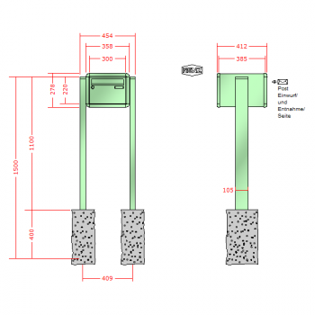 RENZ RS 4000 mit Ständern, Anlage ohne Installationskasten, Kasten 300x220x385, 1-teilig, zum Einbetonieren,13-0-25771