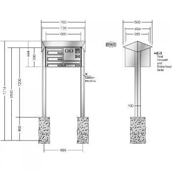 RENZ PRISMA Edelstahl V4A-Ausführung, Anlage mit Installationskasten, Kasten 300x110x385, 4-teilig, zum Einbetonieren, 13-0-25778