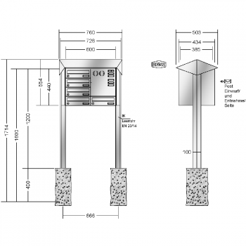 RENZ PRISMA Edelstahl V4A-Ausführung, Anlage mit Installationskasten, Kasten 300x110x385, 5-teilig, zum Einbetonieren, 13-0-25779