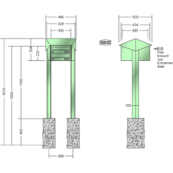 RENZ PRISMA Stahl-Ausführung, Anlage ohne Installationskasten, Kasten 300x110x385, 2-teilig, zum Einbetonieren, 13-0-25801