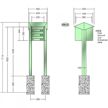 RENZ PRISMA-Stahl-Ausführung, Anlage ohne Installationskasten,Anlage vorn zu öffnen, Kasten 300x110x385, 3-teilig, zum Einbetonieren,13-0-25802