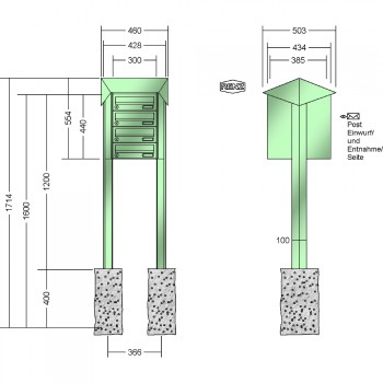 RENZ PRISMA Stahl-Ausführung, Anlage ohne Installationskasten, Kasten 300x110x385, 4-teilig, zum Einbetonieren, 13-0-25803