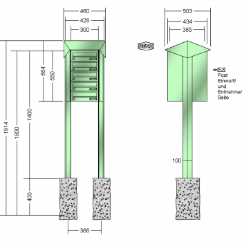 RENZ PRISMA Stahl-Ausführung, Anlage ohne Installationskasten, Kasten 300x110x385, 5-teilig, zum Einbetonieren, 13-0-25804