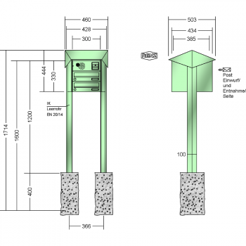 RENZ PRISMA Stahl-Ausführung, Anlage mit Installationskasten, Kasten 300x110x385, 2-teilig, zum Einbetonieren, 13-0-25807