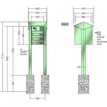 RENZ PRISMA Stahl-Ausführung, Anlage mit Installationskasten, Kasten 300x110x385, 3-teilig, zum Einbetonieren, 13-0-25808