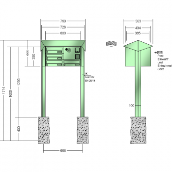 RENZ PRISMA Stahl-Ausführung, Anlage mit Installationskasten, Kasten 300x110x385, 4-teilig, zum Einbetonieren, 13-0-25809