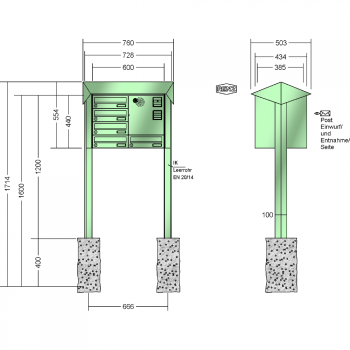 RENZ PRISMA Stahl-Ausführung, Anlage mit Installationskasten, Kasten 300x110x385, 5-teilig, zum Einbetonieren, 13-0-25810