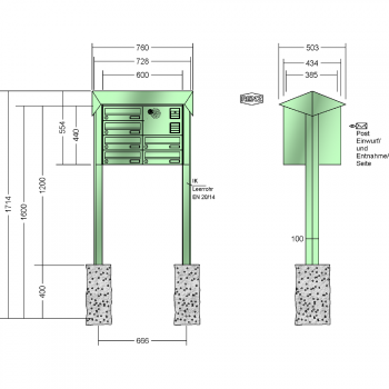 RENZ PRISMA Stahl-Ausführung, Anlage mit Installationskasten, Kasten 300x110x385, 6-teilig, zum Einbetonieren, 13-0-25811