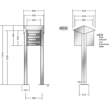 RENZ PRISMA Edelstahl V4A-Ausführung, Anlage ohne Installationskasten, Kasten 300x110x385, 3-teilig, mit 2 Fußplatten, 13-0-29738