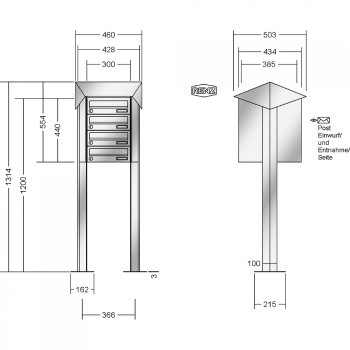 RENZ PRISMA Edelstahl V4A-Ausführung, Anlage ohne Installationskasten, Kasten 300x110x385, 4-teilig, mit 2 Fußplatten, 13-0-29739