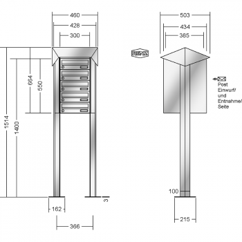 RENZ PRISMA Edelstahl V4A-Ausführung, Anlage ohne Installationskasten, Kasten 300x110x385, 5-teilig, mit 2 Fußplatten, 13-0-29740