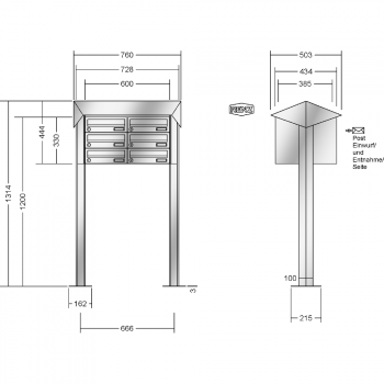 RENZ PRISMA Edelstahl V4A-Ausführung, Anlage ohne Installationskasten, Kasten 300x110x385, 6-teilig, mit 2 Fußplatten, 13-0-29741