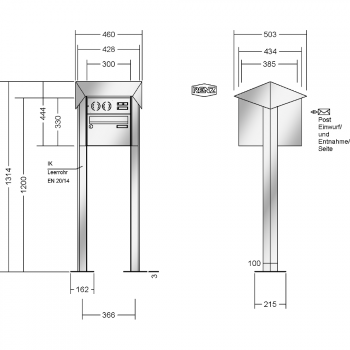 RENZ PRISMA Edelstahl V4A-Ausführung, Anlage mit Installationskasten, Kasten 300x220x385, 1-teilig, mit 2 Fußplatten,13-0-29748