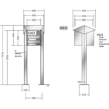 RENZ PRISMA Edelstahl V4A-Ausführung, Anlage mit Installationskasten, Kasten 300x110x385, 2-teilig, mit 2 Fußplatten, 13-0-29749