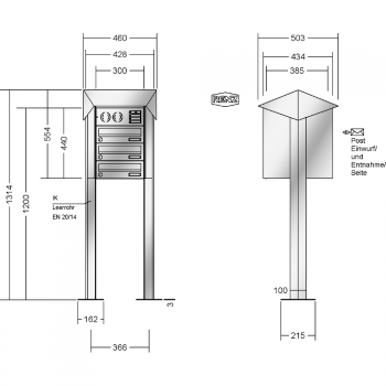 RENZ PRISMA Edelstahl V4A-Ausführung, Anlage mit Installationskasten, Kasten 300x110x385, 3-teilig, mit 2 Fußplatten, 13-0-29750