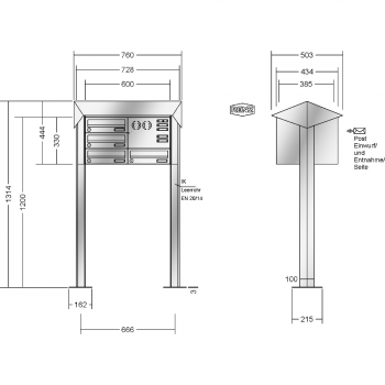 RENZ PRISMA Edelstahl V4A-Ausführung, Anlage mit Installationskasten, Kasten 300x110x385, 4-teilig, mit 2 Fußplatten, 13-0-29778