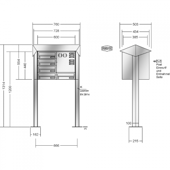 RENZ PRISMA Edelstahl V4A-Ausführung, Anlage mit Installationskasten, Kasten 300x110x385, 5-teilig, mit 2 Fußplatten, 13-0-29779