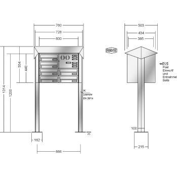 RENZ PRISMA Edelstahl V4A-Ausführung, Anlage mit Installationskasten, Kasten 300x110x385, 6-teilig, mit 2 Fußplatten, 13-0-29780