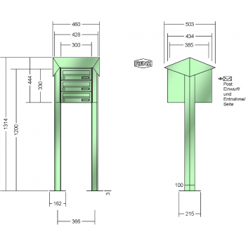 RENZ PRISMA Stahl-Ausführung, Anlage ohne Installationskasten, Kasten 300x110x385, 3-teilig, mit 2 Fußplatten, 13-0-29802