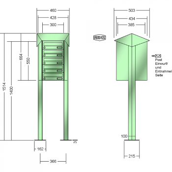 RENZ PRISMA Stahl-Ausführung, Anlage ohne Installationskasten, Kasten 300x110x385, 5-teilig, mit 2 Fußplatten, 13-0-29804