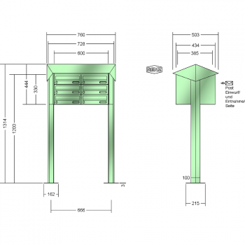 RENZ PRISMA Stahl-Ausführung, Anlage ohne Installationskasten, Kasten 300x110x385, 6-teilig, mit 2 Fußplatten, 13-0-29805