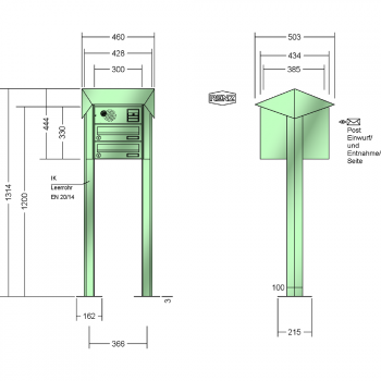 RENZ PRISMA Stahl-Ausführung, Anlage mit Installationskasten, Anlage vorn zu öffnen, Kasten 300x110x385, 2-teilig, mit 2 Fußplatten, 13-0-29807