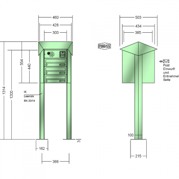 RENZ PRISMA Stahl-Ausführung, Anlage mit Installationskasten, Kasten 300x110x385, 3-teilig, mit 2 Fußplatten, 13-0-29808