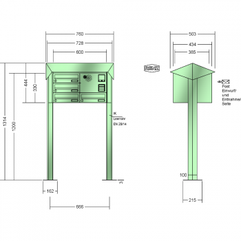 RENZ PRISMA Stahl-Ausführung, Anlage mit Installationskasten, Kasten 300x110x385, 4-teilig, mit 2 Fußplatten, 13-0-29809