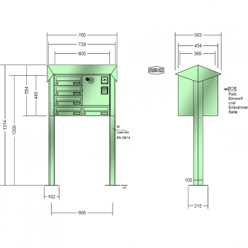 RENZ PRISMA Stahl-Ausführung, Anlage mit Installationskasten, Kasten 300x110x385, 5-teilig, mit 2 Fußplatten, 13-0-29810