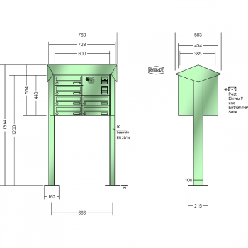 RENZ PRISMA Stahl-Ausführung, Anlage mit Installationskasten, Kasten 300x110x385, 6-teilig, mit 2 Fußplatten, 13-0-29811