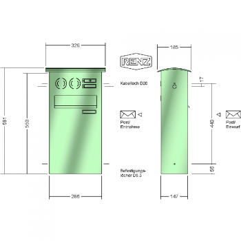 RENZ CONVEX Stahl-Ausführung, Durchwurf-Zaunbriefkasten mit Sprech-/Klingelkasten, 18 ltr., 326x581x185mm, 1-teilig, 17-0-17052