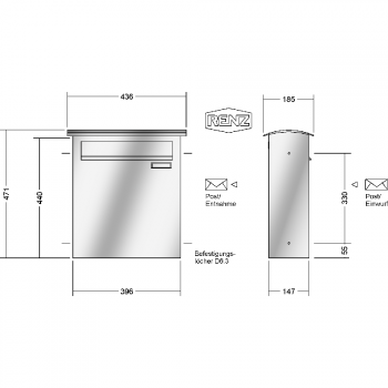 RENZ CONVEX Edelstahl V4A-Ausführung, Durchwurf-Zaunbriefkasten, JUMBO-Kasten 25 ltr., 436x471x185mm, 1-teilig, 17-0-17055