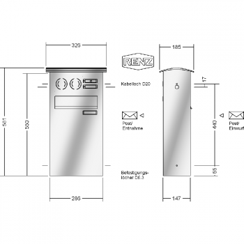 RENZ CONVEX Edelstahl V4A-Ausführung, Durchwurf-Zaunbriefkasten, mit Sprech-/Klingelkasten, 18 ltr., 326x581x185mm, 1-teilig, 17-0-17056