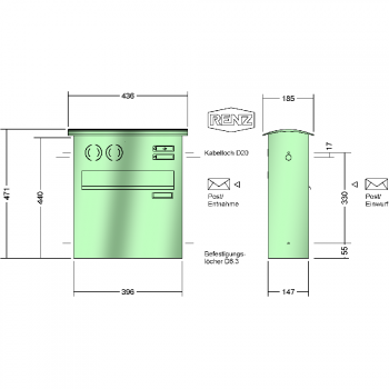 RENZ CONVEX Stahl-Ausführung, Durchwurf-Zaunbriefkasten mit Sprech-/Klingelkasten, 19 ltr., 436x471x185mm, 1-teilig, 17-0-17059