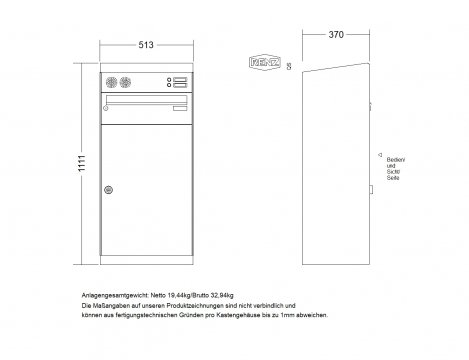 RENZ QUBO XL Jumbo Paketkasten mit Briefkasten und Installationskasten für Sprechfeld, Klingel  23-0-10260 - schematische Darstellung, Dachform: schräg