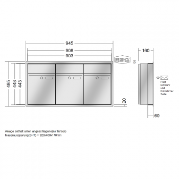 RENZ PLAN Edelstahl, Anlage ohne Installationskasten, Kasten 300x440x160,  3-teilig, 60-0-60008