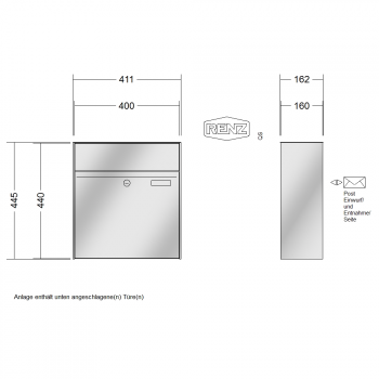 RENZ PLAN Edelstahl, Anlage ohne Installationskasten, Kasten 400x440x160, 1-teilig, 60-0-60033