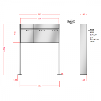 RENZ PLAN Edelstahl, Anlage ohne Installationskasten, Kasten 300x440x160, 3-teilig, mit Fußplatten zum Aufschrauben, 60-0-60077