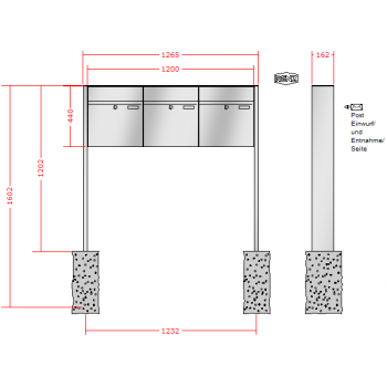 RENZ PLAN Edelstahl, Anlage ohne Installationskasten, Kasten 400x440x160, 3-teilig, zum Einbetonieren, 60-0-60080